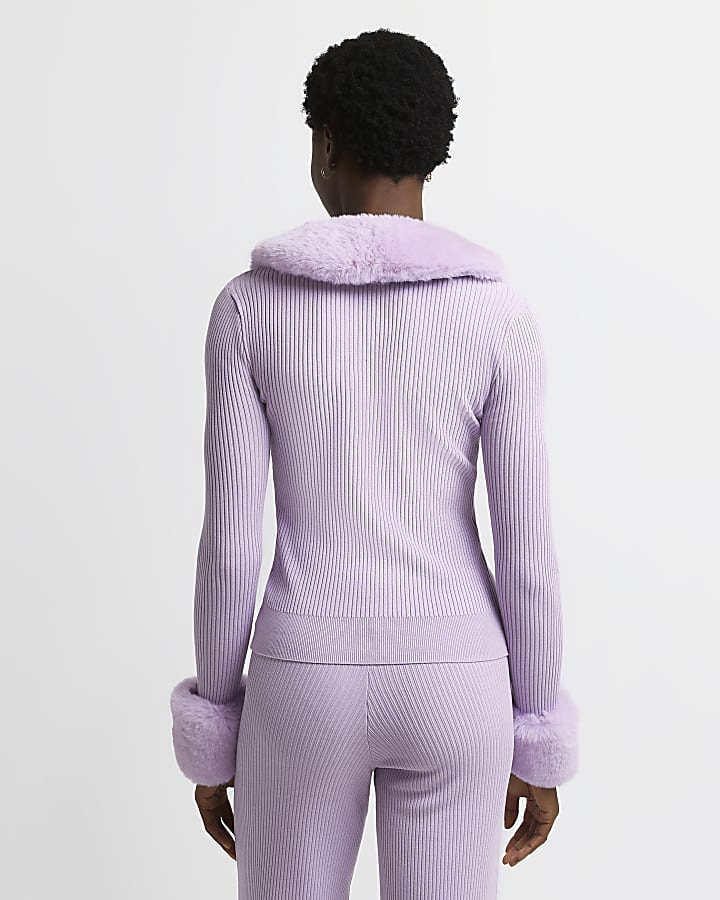 Purple faux fur trim cardigan