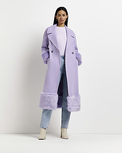 Purple faux fur trim longline coat