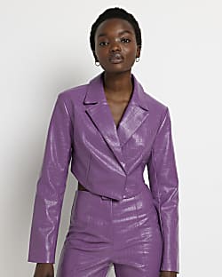 Purple faux leather crop blazer