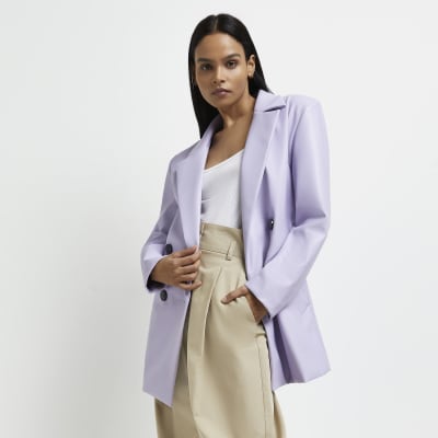 Purple Faux Leather Double Breaster Blazer River Island