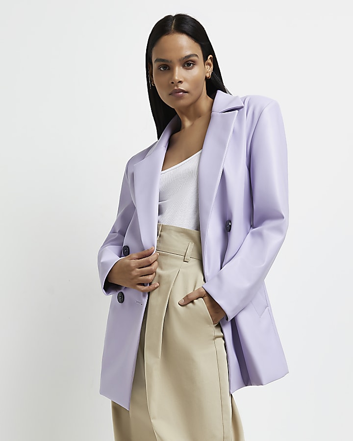 Purple faux leather double breasted blazer