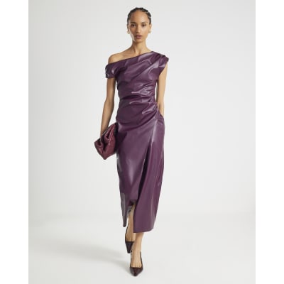 Purple Faux Leather Drape Midi Dress