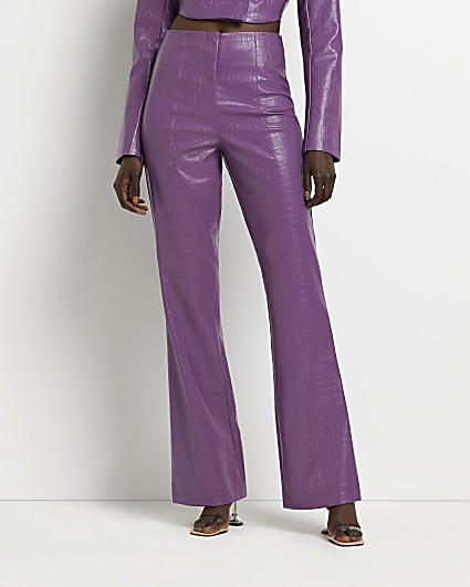 Purple faux leather flared trousers