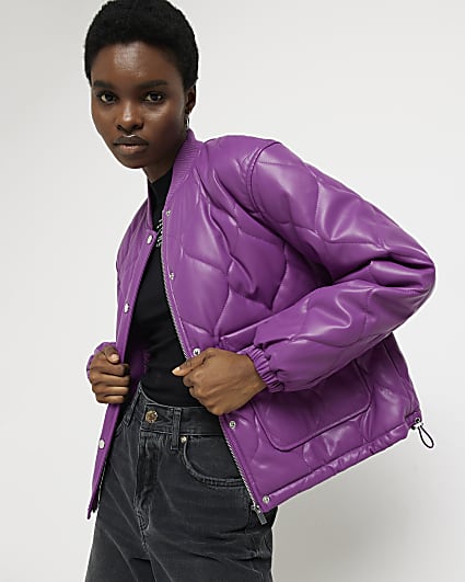 Purple faux leather quilted bomber jacket