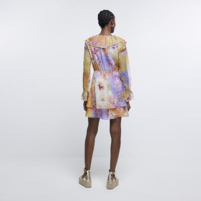 Purple floral frill skater mini dress