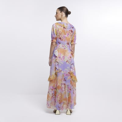 Purple floral frill smock maxi dress