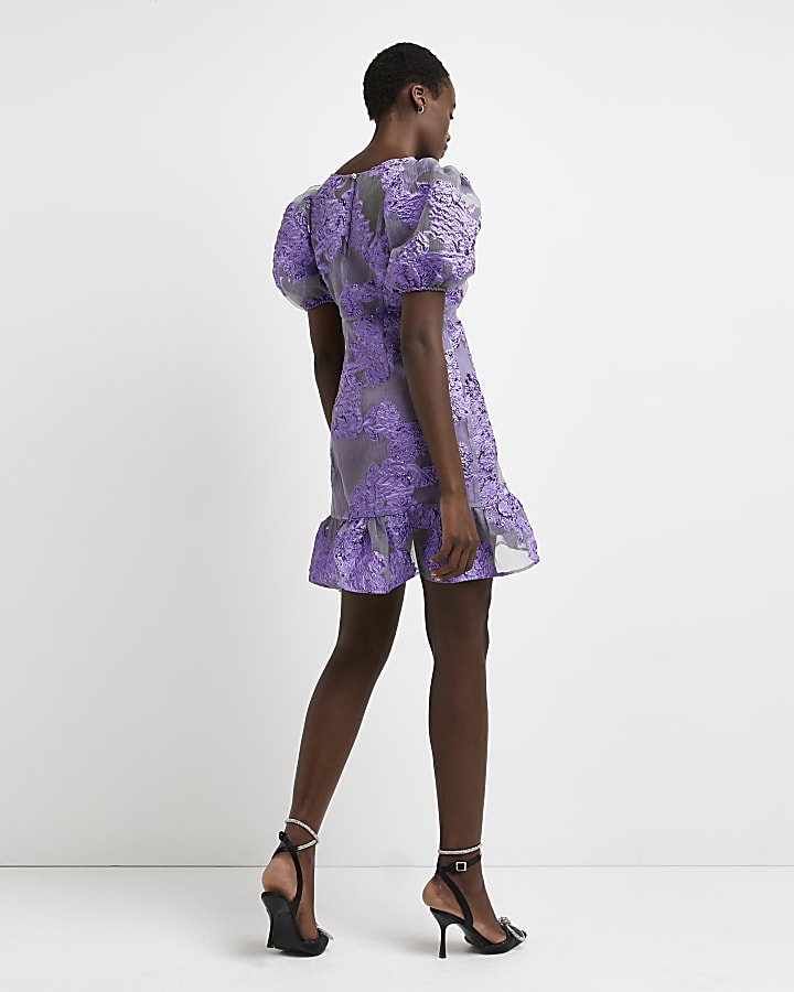 Purple floral jacquard puff sleeve wrap dress