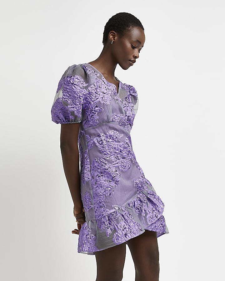 Purple floral jacquard puff sleeve wrap dress
