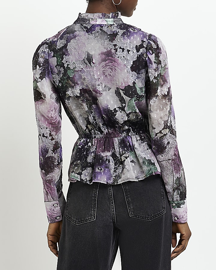 Purple floral long sleeve peplum blouse
