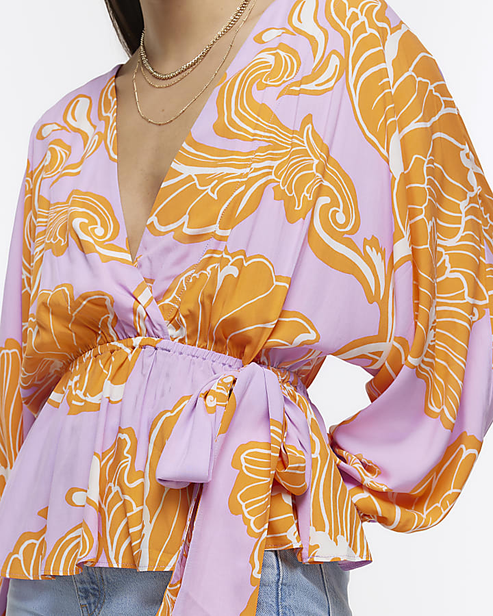 Purple floral long sleeve wrap blouse