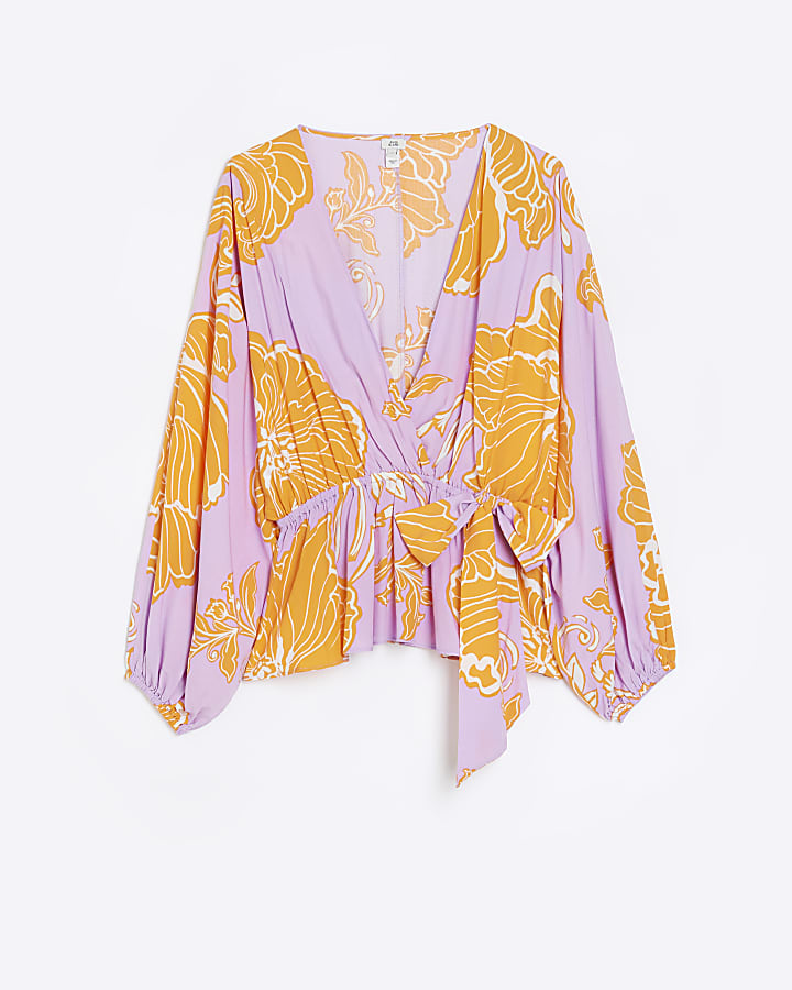 Purple floral long sleeve wrap blouse