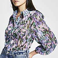 Purple floral print chiffon sheer shirt
