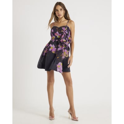 Purple Floral Print Embellished Mini Dress