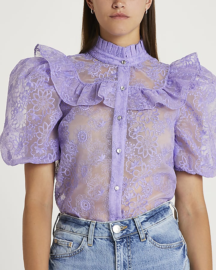 Purple floral print frill detail shirt