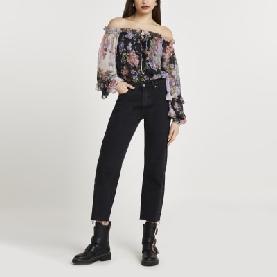 Purple floral print long sleeve bardot top