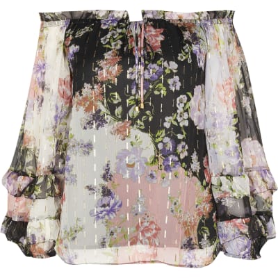 Purple floral print long sleeve bardot top