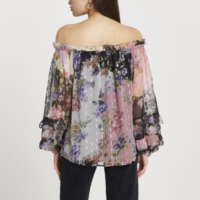 Purple floral print long sleeve bardot top