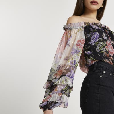 Purple floral print long sleeve bardot top