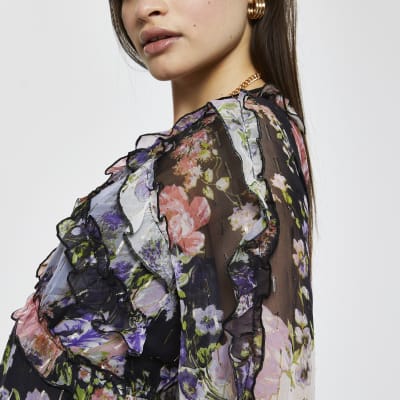 Purple floral ruffle smock mini dress