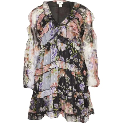 Purple floral ruffle smock mini dress