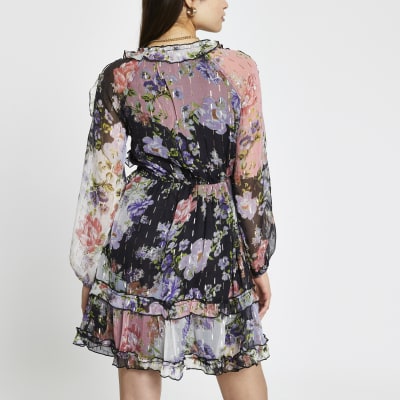 Purple floral ruffle smock mini dress
