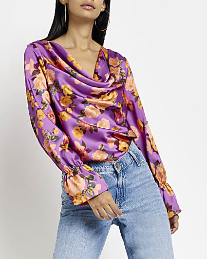 Purple floral satin cowl neck blouse