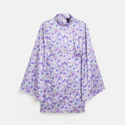 Purple floral satin mini dress