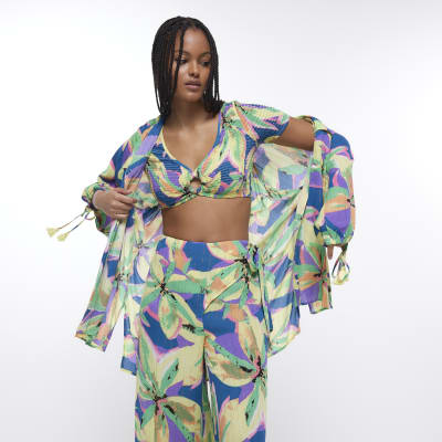 Purple floral shirred beach cropped top