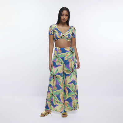Purple floral shirred beach cropped top