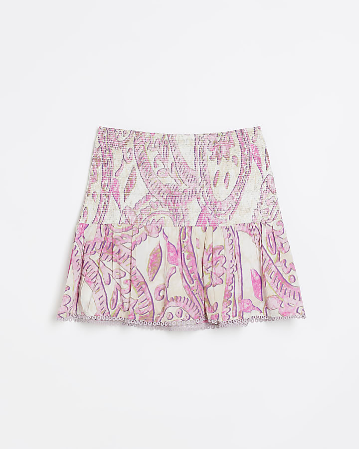 Purple floral shirred mini skirt