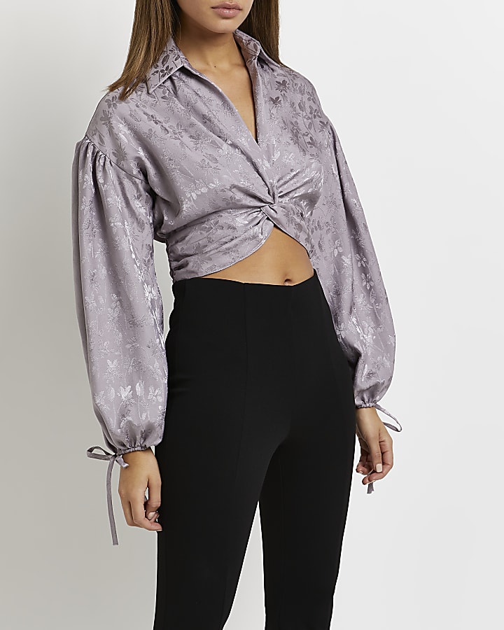 Purple floral twist front cropped top