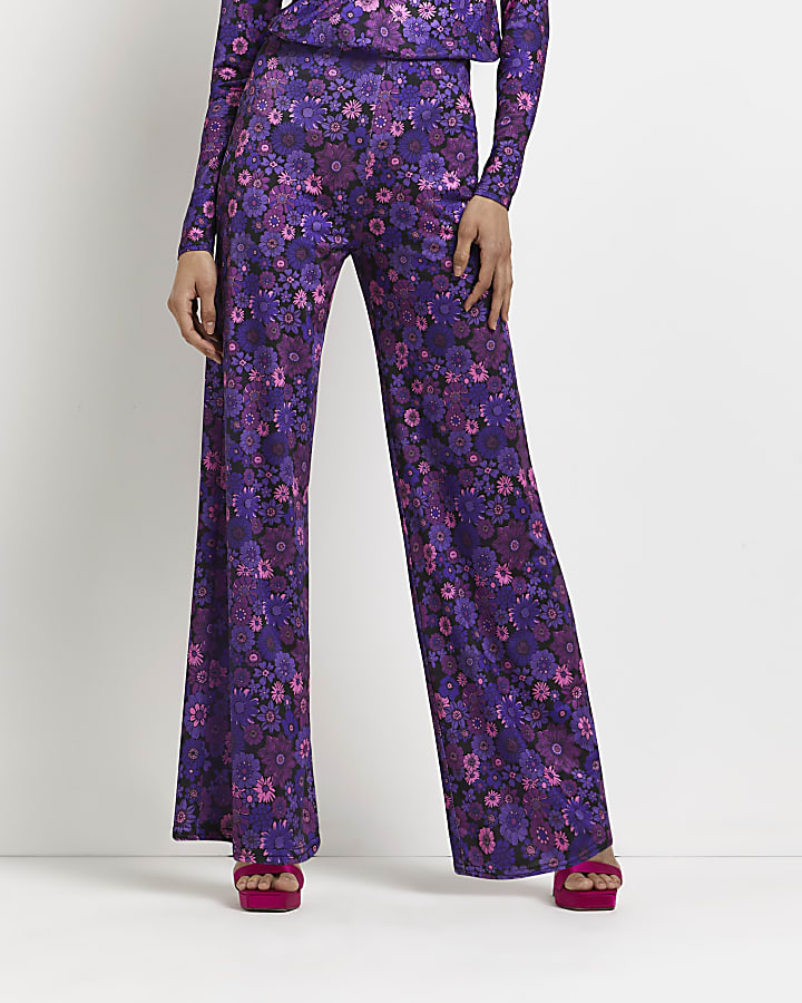 Purple floral wide leg trousers