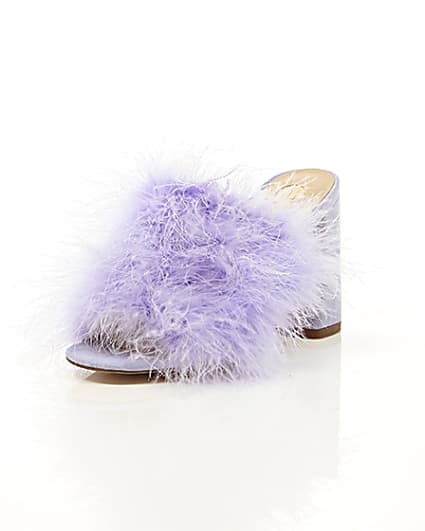 360 degree animation of product Purple fluffy feather block heel mules frame-1