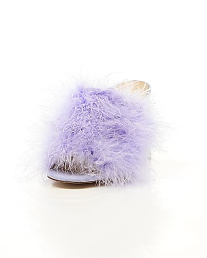 360 degree animation of product Purple fluffy feather block heel mules frame-2