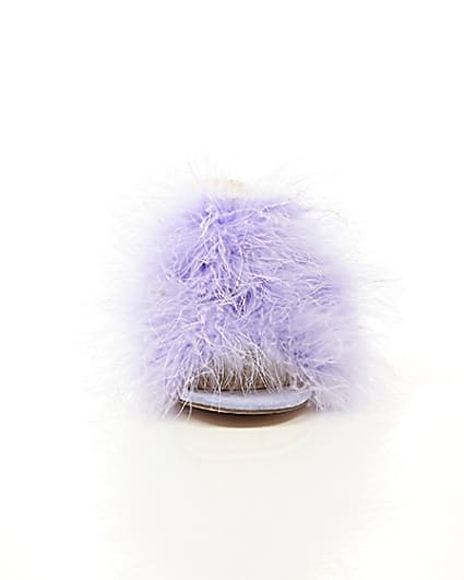 360 degree animation of product Purple fluffy feather block heel mules frame-4