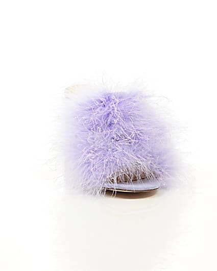 360 degree animation of product Purple fluffy feather block heel mules frame-5