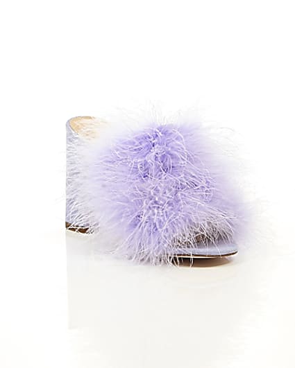 360 degree animation of product Purple fluffy feather block heel mules frame-6