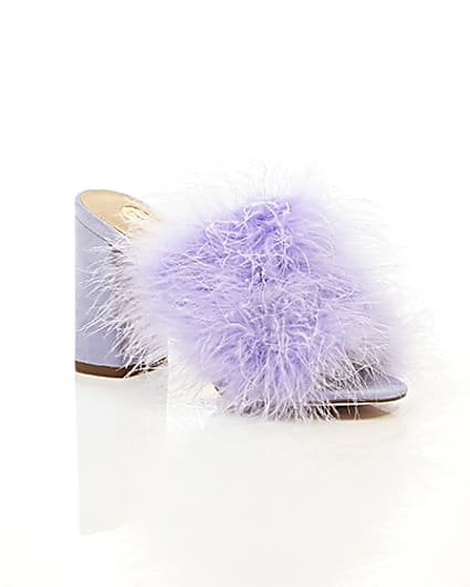 360 degree animation of product Purple fluffy feather block heel mules frame-7