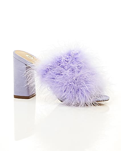 360 degree animation of product Purple fluffy feather block heel mules frame-8