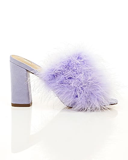 360 degree animation of product Purple fluffy feather block heel mules frame-9