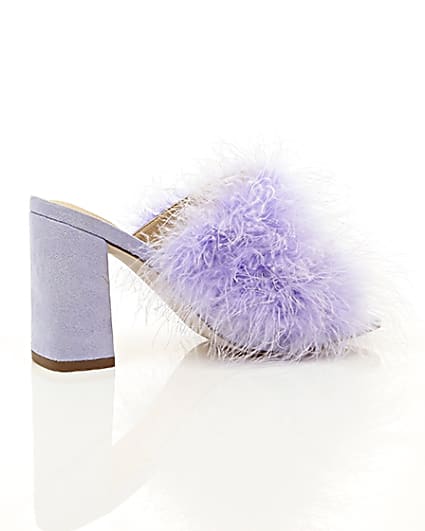 360 degree animation of product Purple fluffy feather block heel mules frame-11