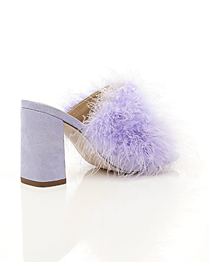 360 degree animation of product Purple fluffy feather block heel mules frame-12