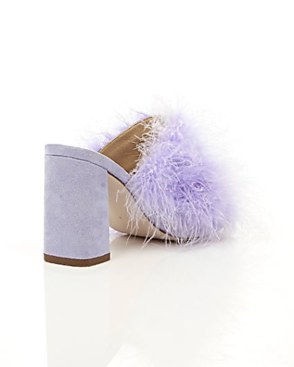 360 degree animation of product Purple fluffy feather block heel mules frame-13