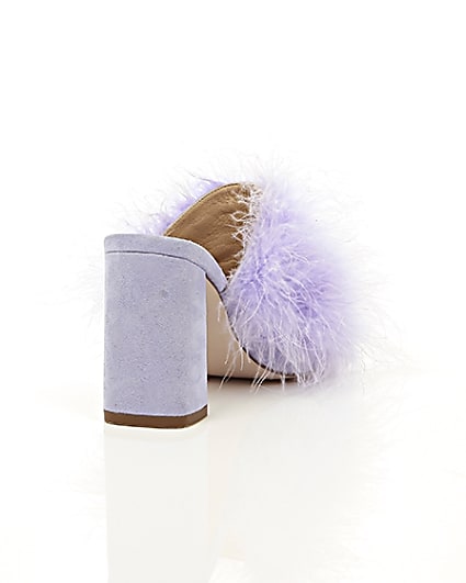 360 degree animation of product Purple fluffy feather block heel mules frame-14