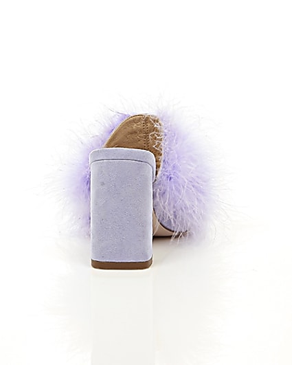 360 degree animation of product Purple fluffy feather block heel mules frame-15