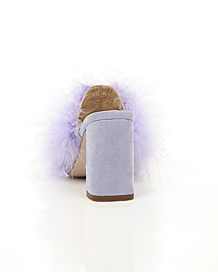 360 degree animation of product Purple fluffy feather block heel mules frame-16