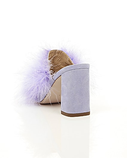 360 degree animation of product Purple fluffy feather block heel mules frame-17
