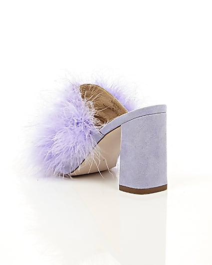 360 degree animation of product Purple fluffy feather block heel mules frame-18