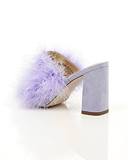 360 degree animation of product Purple fluffy feather block heel mules frame-19