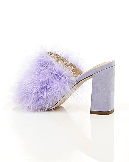 360 degree animation of product Purple fluffy feather block heel mules frame-20